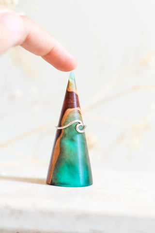 Wood and Resin Ring Cone in Teal