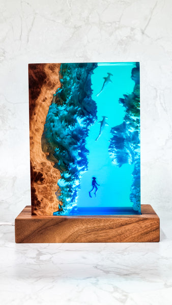 Underwater Lamp with diver & hammerhead sharks