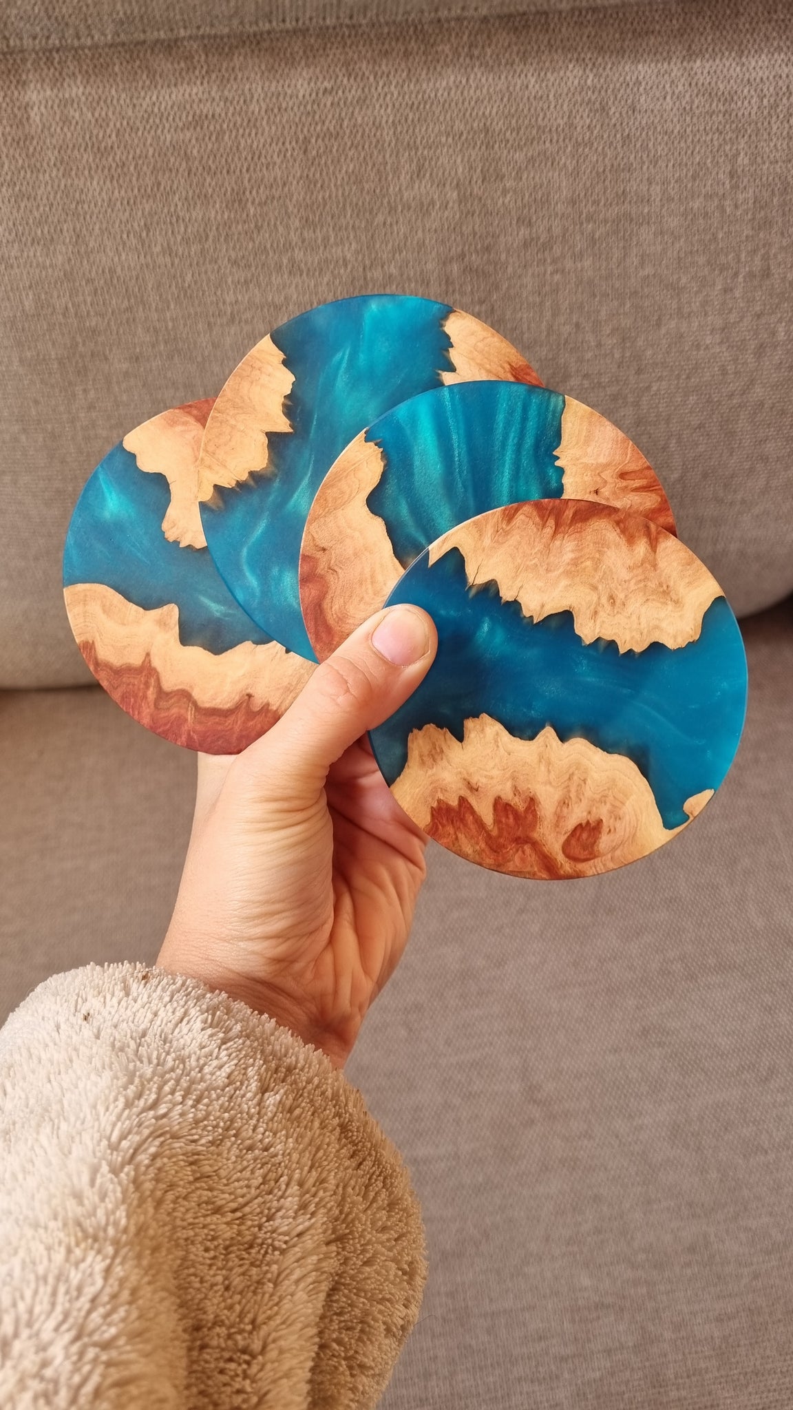 Round Wood and Resin Coasters in Turquoise pack