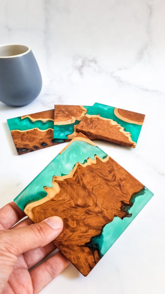 Wood and Resin Coasters in Green pack