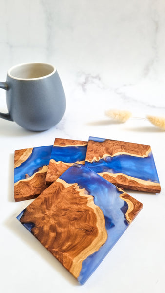 Wood and Resin Coasters in Blue 4 pack