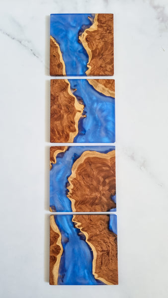 Wood and Resin Coasters in Blue 4 pack