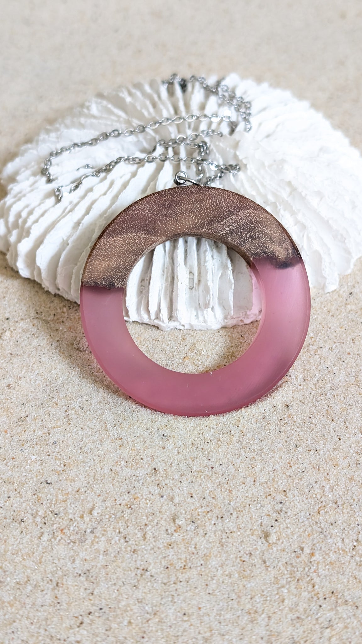 Wood and Resin Pink Circle Pendant