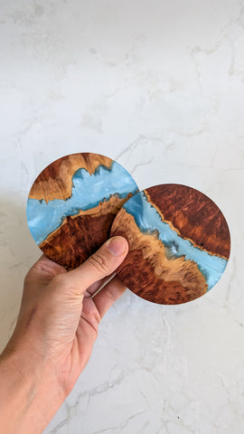 Round Wood and Resin Coasters in Sky blue 2p