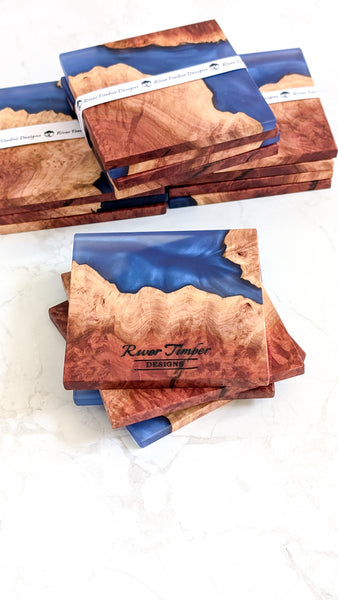 Wood and Resin Coasters in Blue 4 pack