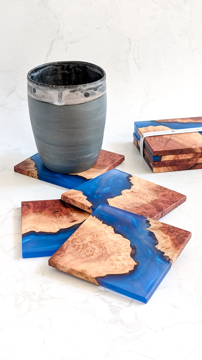 Wood and Resin Coasters in Blue 4 pack