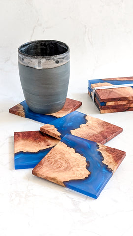 Wood and Resin Coasters in Blue 4 pack