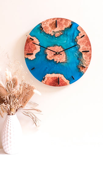 Burl Wood and resin wall clock 40cm