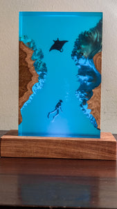 Underwater Lamp with manta ray and scuba diver