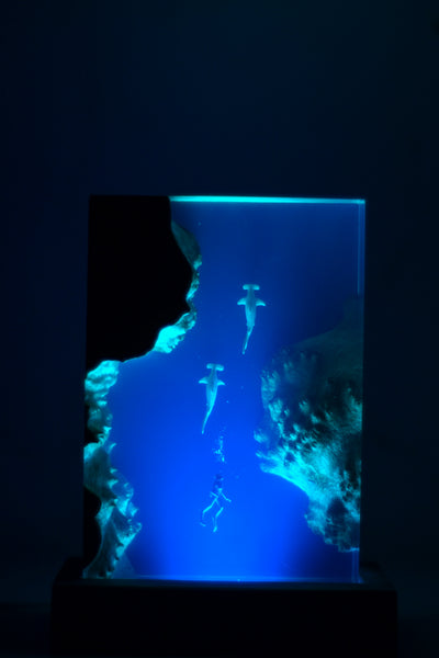 Underwater Lamp with diver & hammerhead sharks