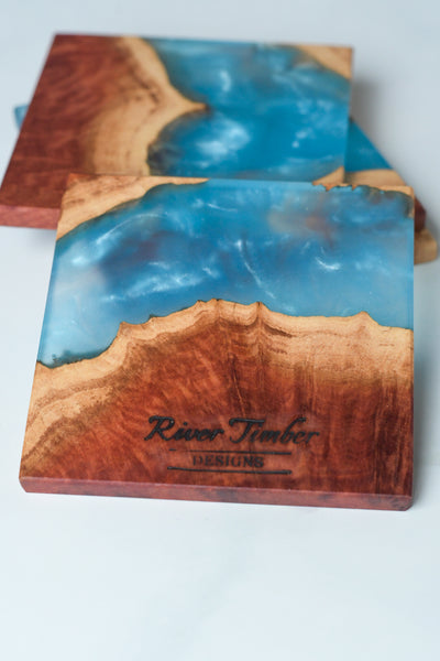 Wood and Resin Coasters Sky Blue 4 pack