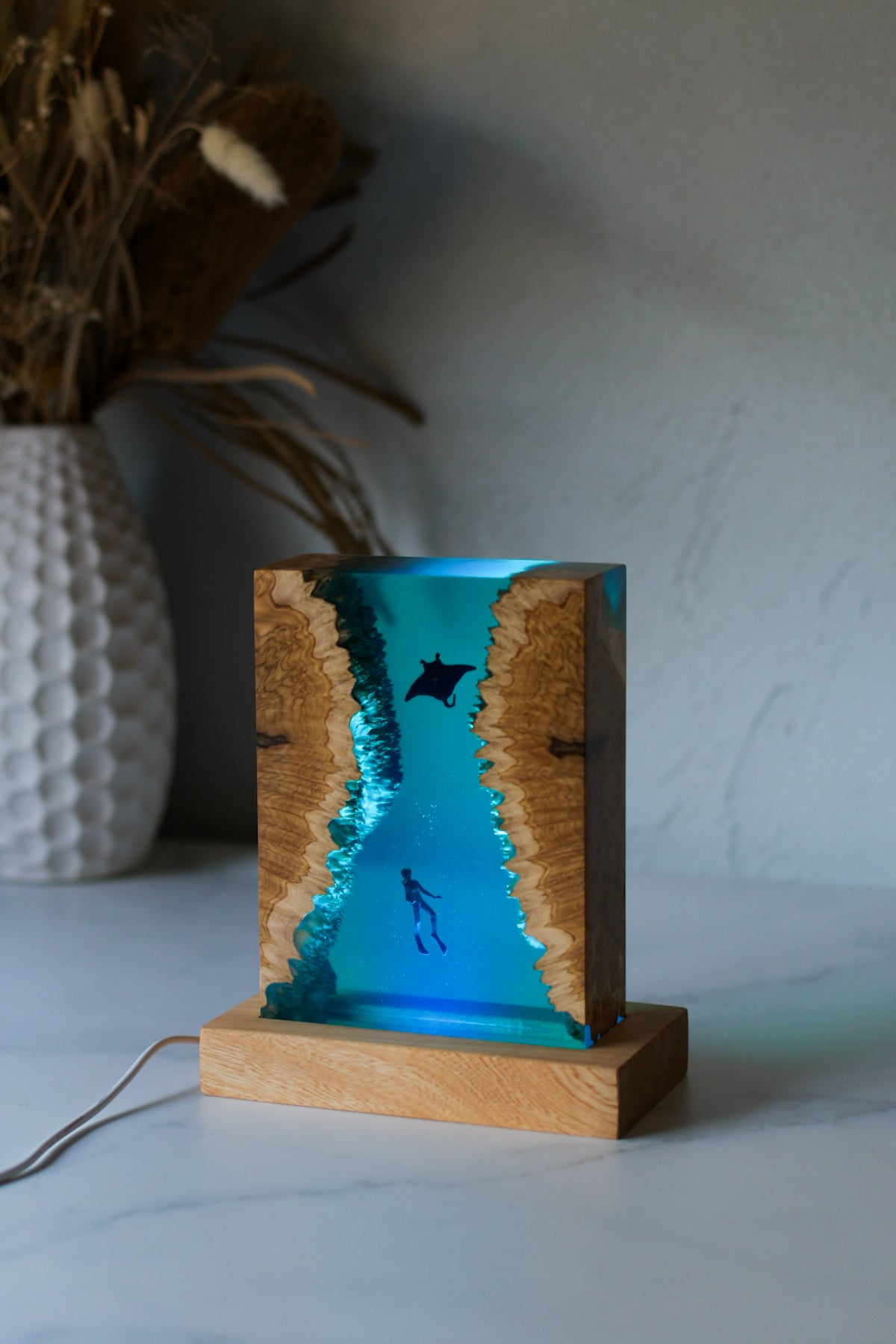 Underwater Lamp with manta ray and scuba diver