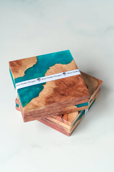 Wood and Resin Coasters in Turquoise 4p