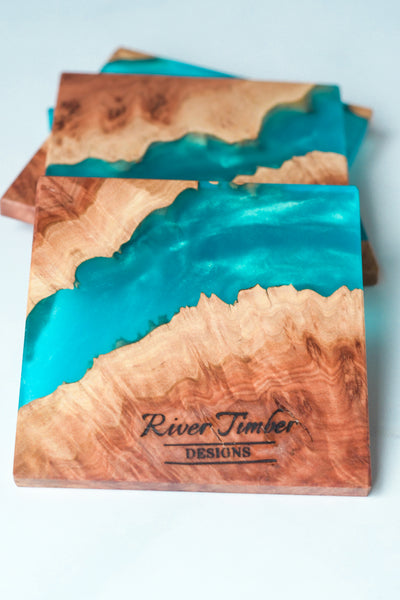 Wood and Resin Coasters in Turquoise 4p