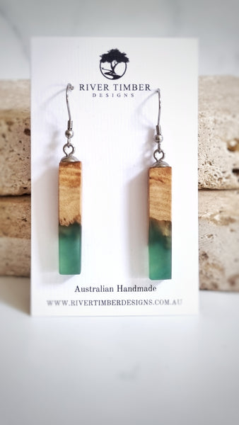 Wood and Resin Linear Earrings in green