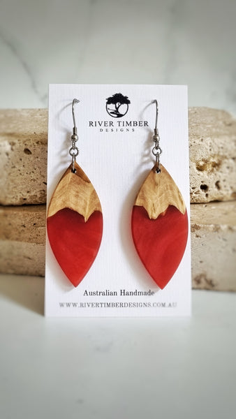 Red wood and resin Leaf Earrings