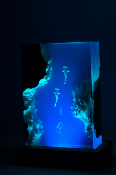 Underwater Lamp with diver & hammerhead sharks