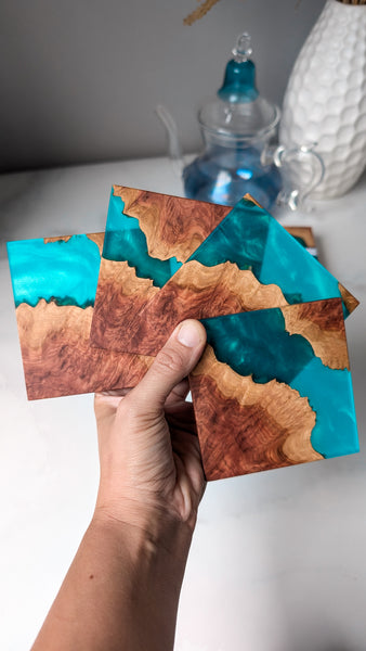 Wood and Resin Coasters in Turquoise 4p