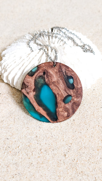 Wood and Resin Blue Circle Pendant