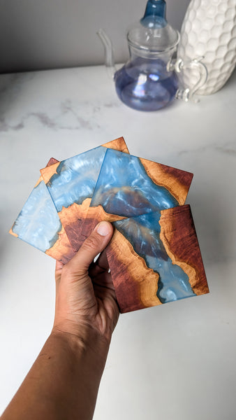 Wood and Resin Coasters Sky Blue 4 pack