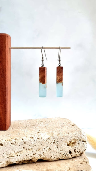 Wood and Resin Linear Earrings in light blue