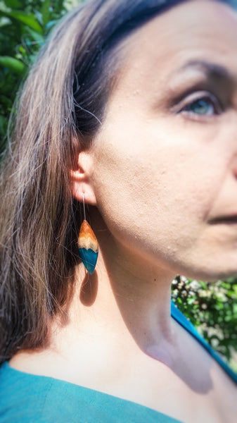 Wood and Resin Pod Earrings in Turquoise