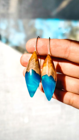 Wood and Resin Pod Earrings in Turquoise