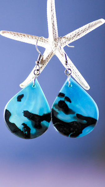 Wood and Resin Teardrop Earrings in Blue